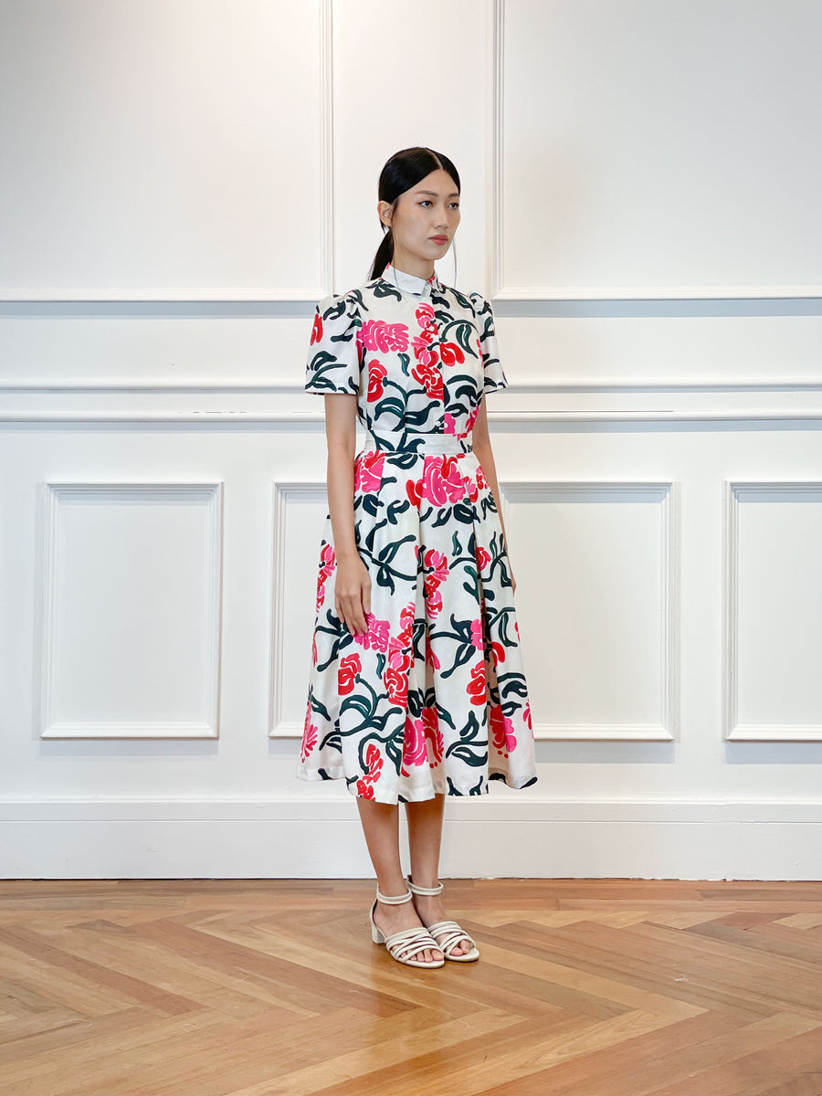 Pleated Flare Midi | Red Floral
