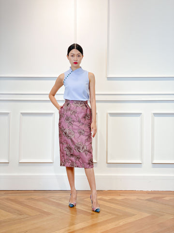 Brocade Pleated Pencil Skirt | Dusty Pink Floral
