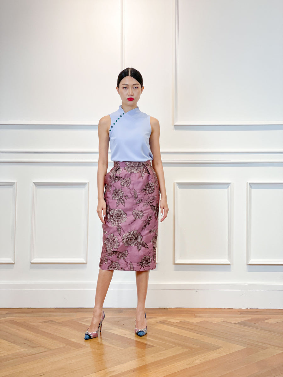 Brocade Pleated Pencil Skirt | Dusty Pink Floral