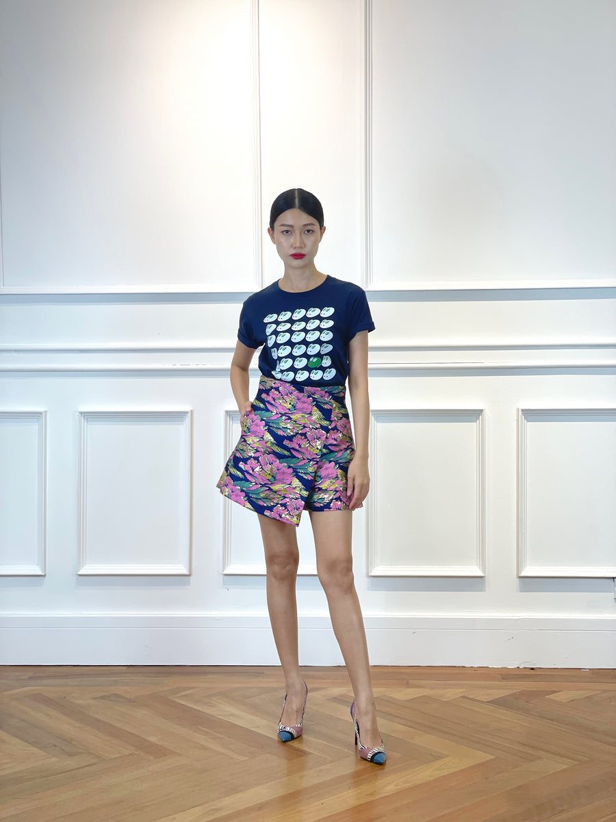 Brocade Highwaist Flare Skorts | Navy Pink Floral