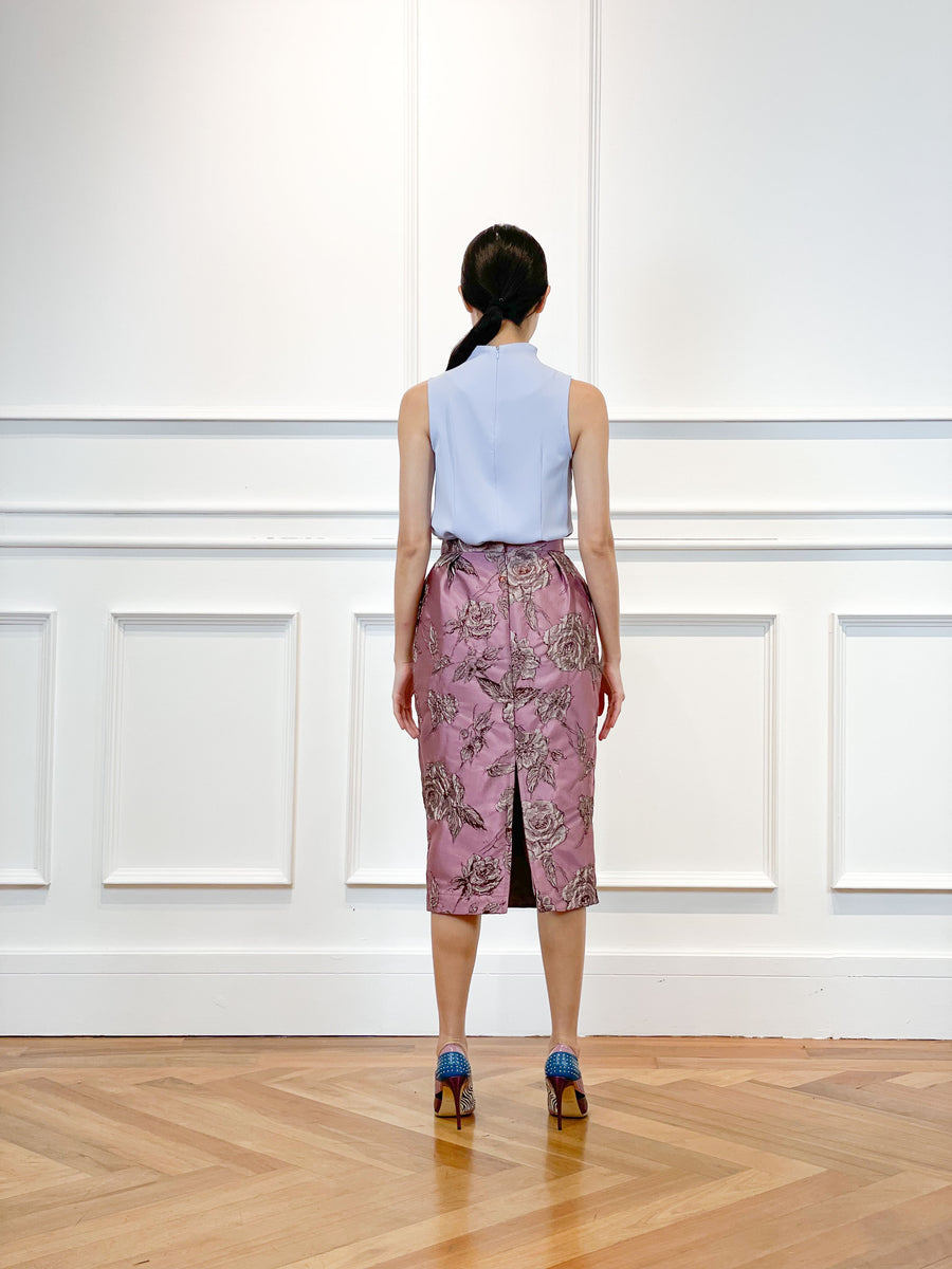 Brocade Pleated Pencil Skirt | Dusty Pink Floral