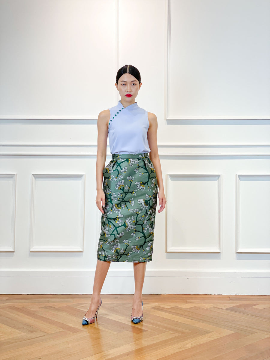 Brocade Pleated Pencil Skirt | Green Floral