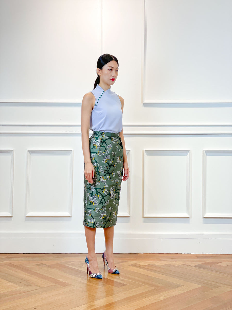 Brocade Pleated Pencil Skirt | Green Floral
