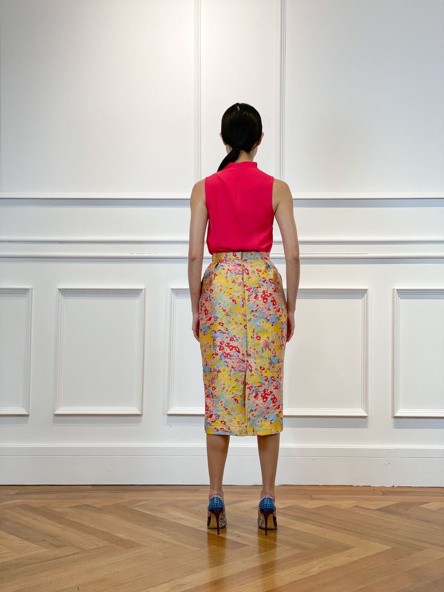 Brocade Pleated Pencil Skirt | Yellow Abstract