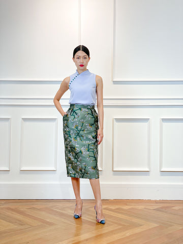 Brocade Pleated Pencil Skirt | Green Floral