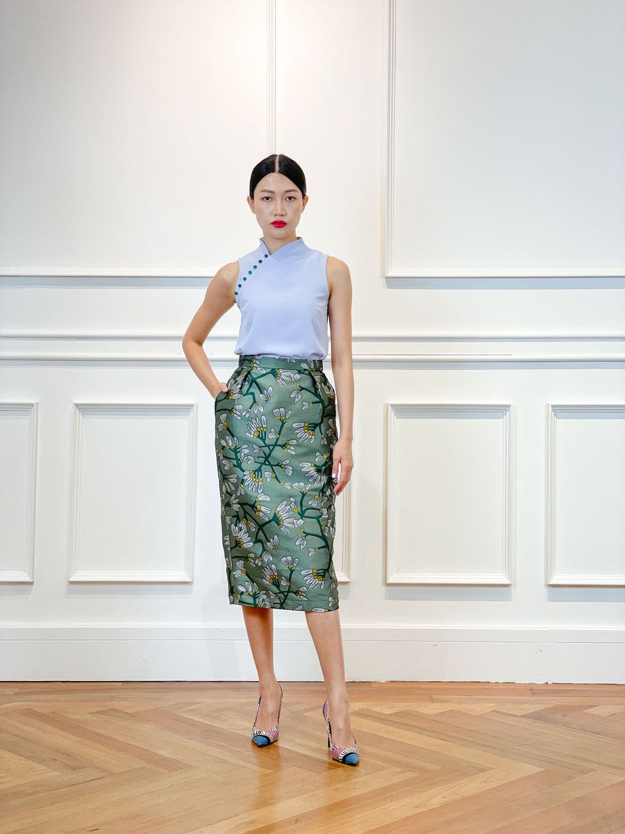Brocade Pleated Pencil Skirt | Green Floral