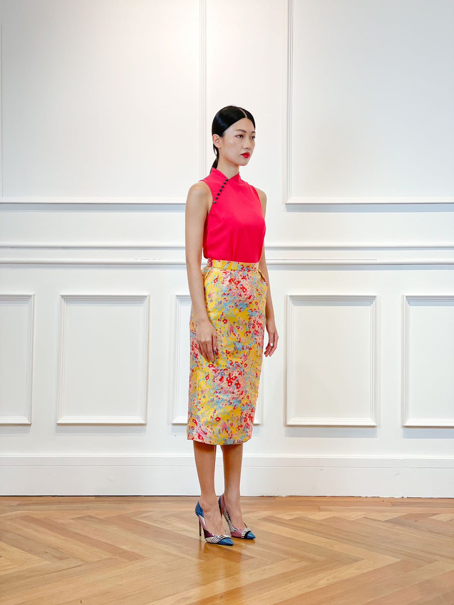 Brocade Pleated Pencil Skirt | Yellow Abstract