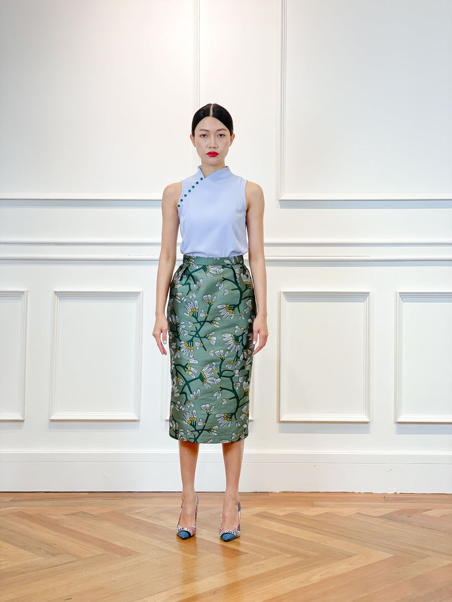 Brocade Pleated Pencil Skirt | Green Floral