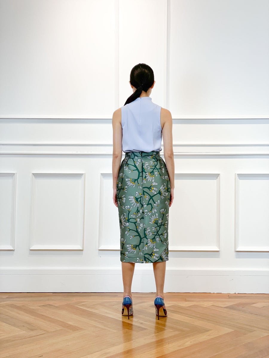 Brocade Pleated Pencil Skirt | Green Floral