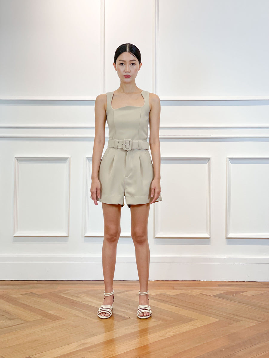 Curve Neckline Sleeveless Crop Top | Beige