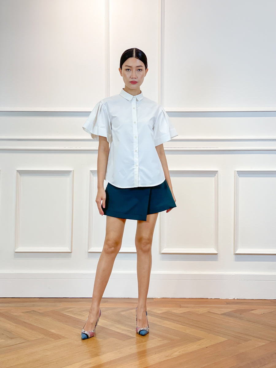 Pleated Sleeve Button Down Top | White